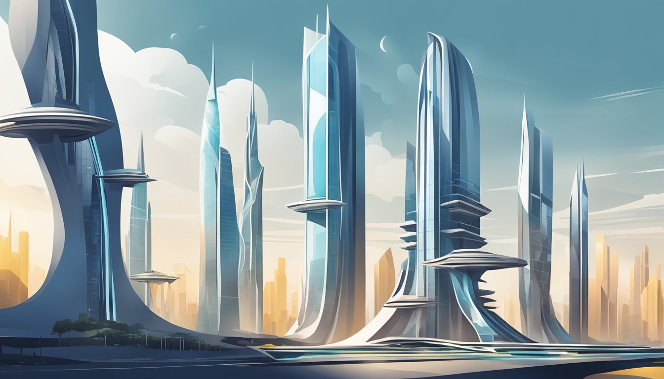 A futuristic city skyline with iconic architectural structures rising into the sky, symbolizing Zaha Hadid's rise to prominence in the field of architecture