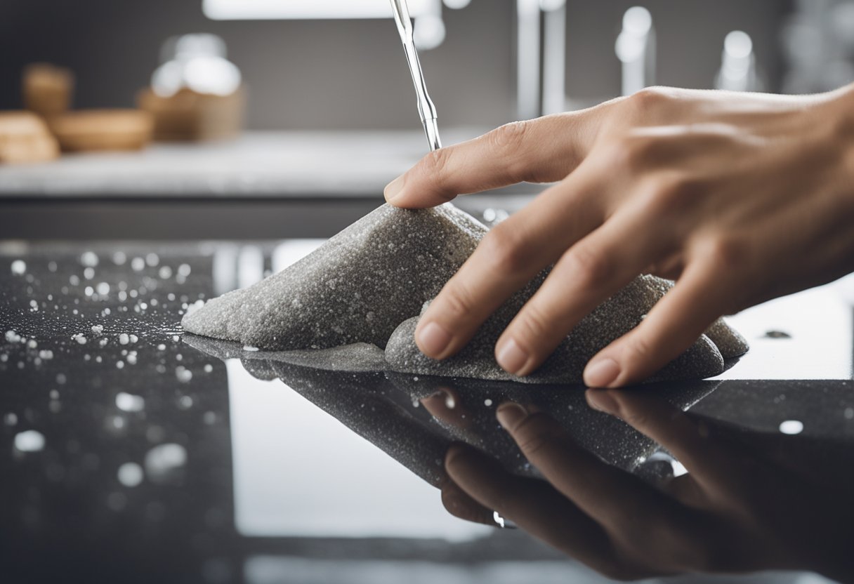 A Hand Pours Sealing Fallacy Quartz Stone Cleaner Onto A Dirty Countertop, Ready To Be Scrubbed Clean