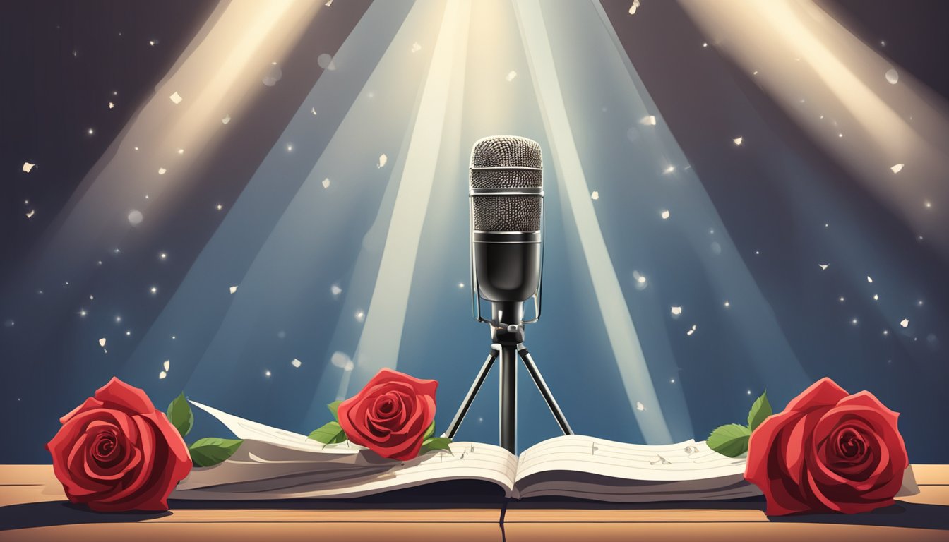 A spotlight shines on a microphone on an empty stage, surrounded by scattered sheet music and a single red rose