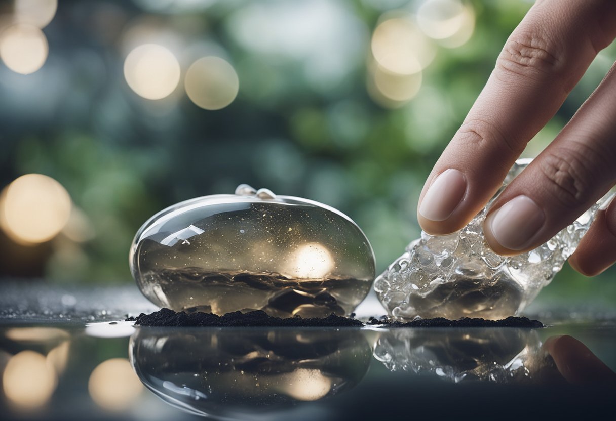 A Hand Pouring A Clear Liquid Onto A Hot Quartz Stone Surface