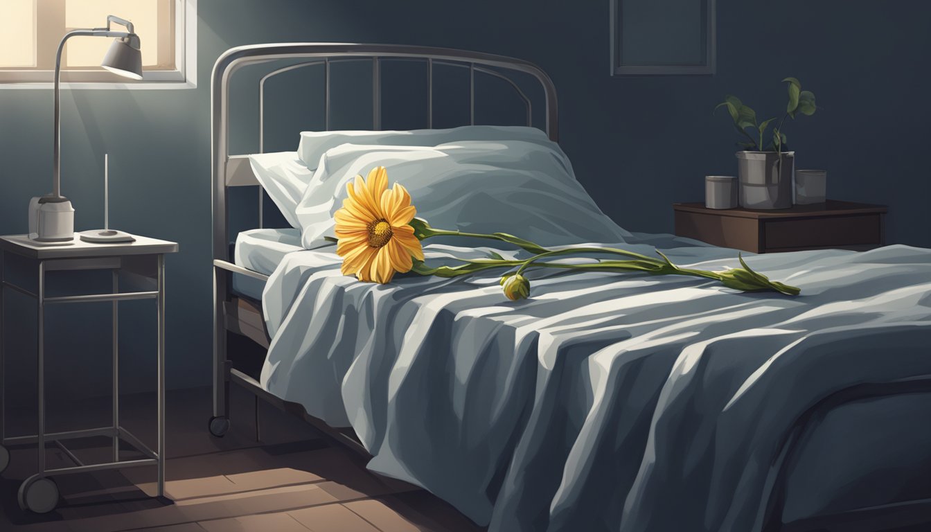 A wilted flower on a dark, empty hospital bed