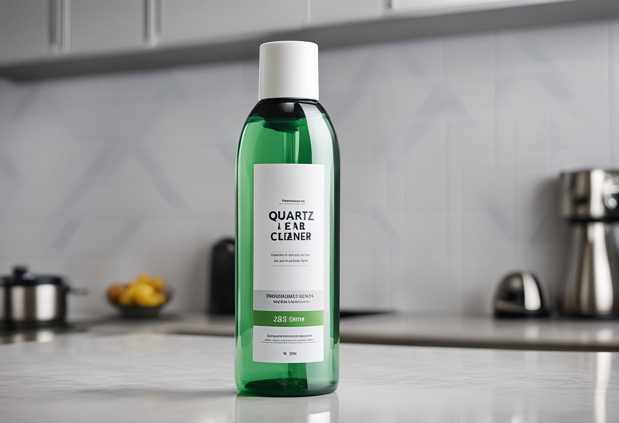 A Bottle Of Quartz Stone Cleaner Sits On A Shiny Countertop, Surrounded By Sparkling Clean Surfaces And Gleaming Appliances