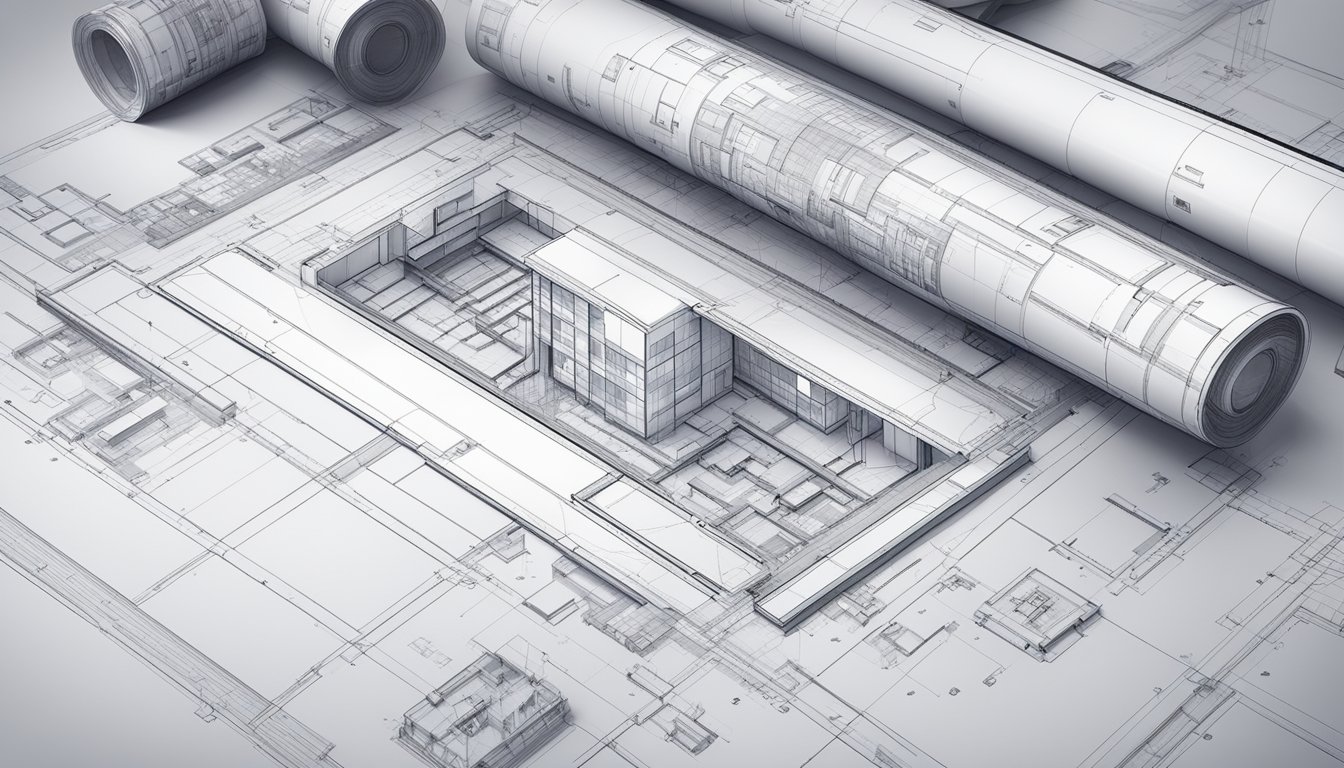 A modern architectural blueprint lies open on a sleek desk, surrounded by scattered design sketches and technical drawings