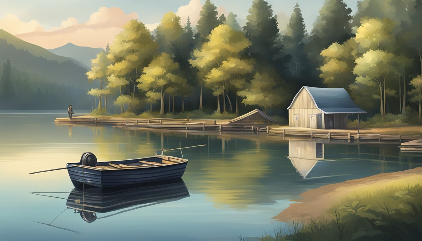 A serene lakeside with a fishing boat and a retired wrestling ring in the background