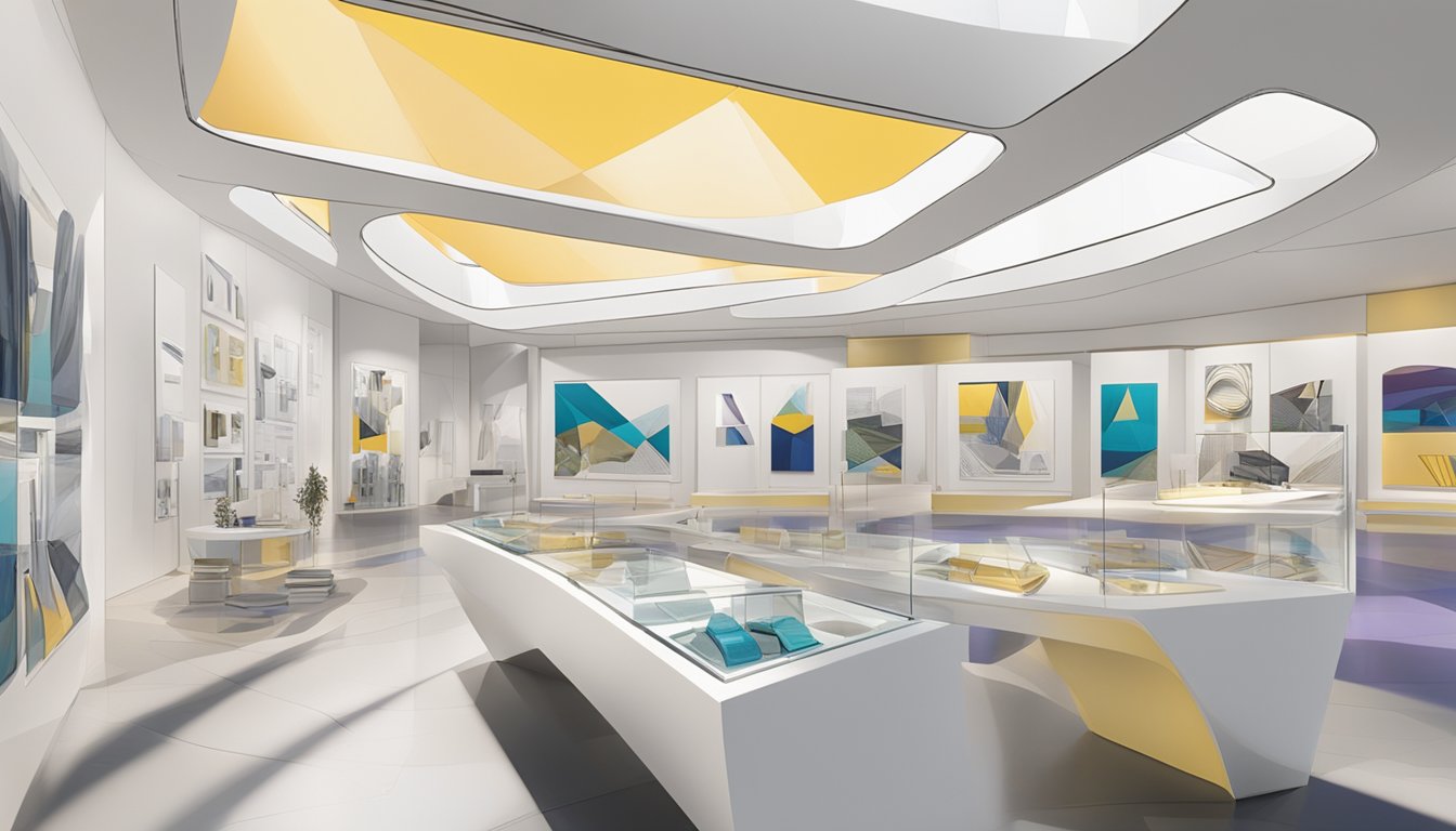 A display of awards and accolades in a gallery, with Zaha Hadid's architectural designs showcased in the background