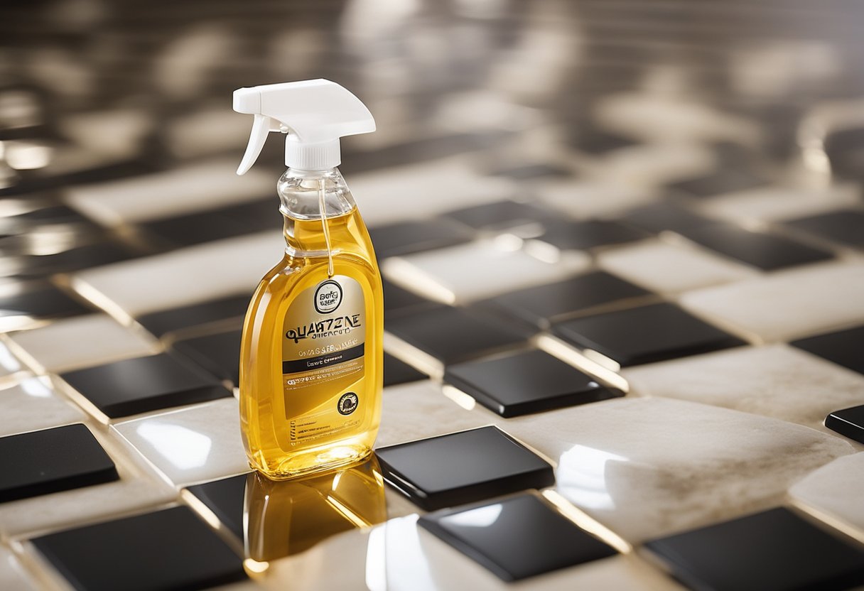 A Bottle Of Quartz Stone Cleaner Surrounded By Sparkling Clean Countertops And A Cloth For Wiping