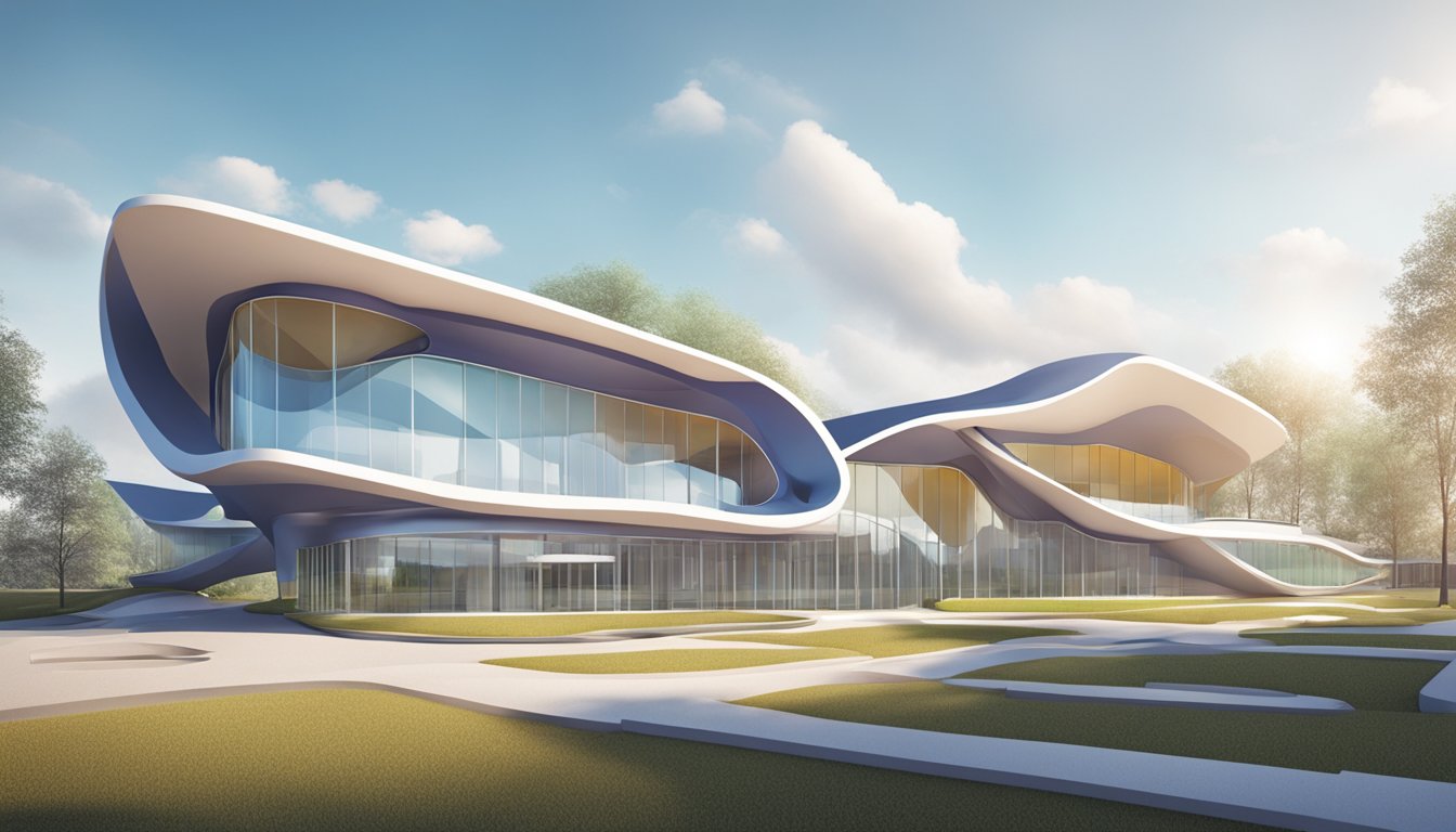 Futuristic school building with fluid, organic lines and innovative design elements