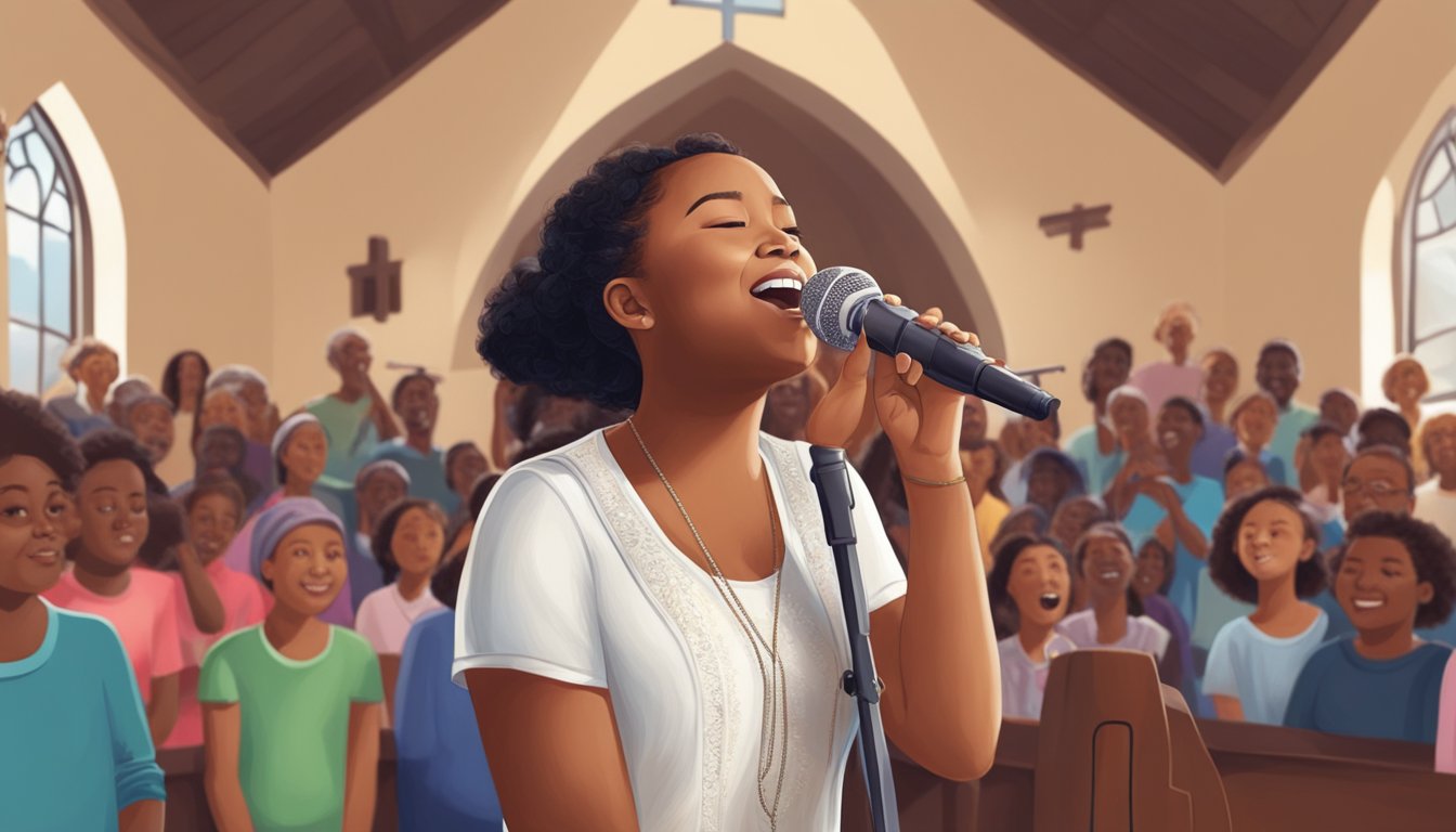 A young girl singing in a small church, surrounded by a supportive community. As she grows, her fame rises, and she becomes a well-known figure in the music industry