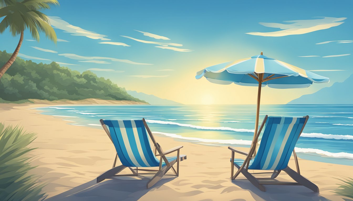 A peaceful beach scene with a lone beach chair and umbrella, surrounded by calm waves and a clear blue sky