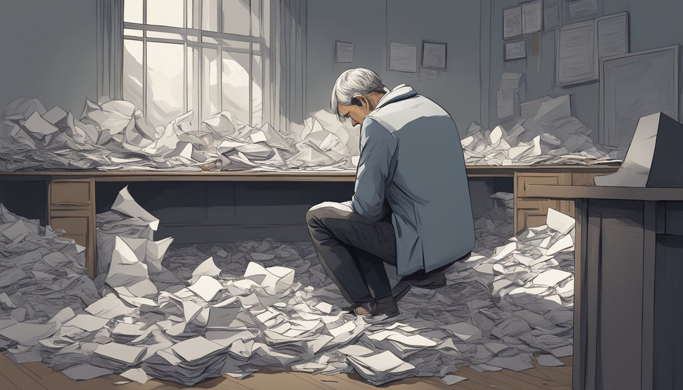 A lone figure sits in a dimly lit room, surrounded by scattered papers and crumpled tissues. Their head is bowed, and a heavy weight seems to hang in the air around them