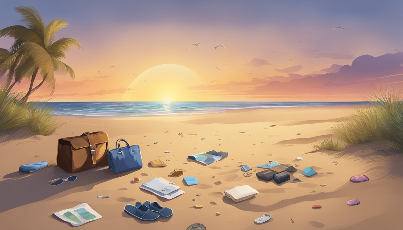 A deserted beach at sunset, with scattered personal belongings and footprints leading into the ocean