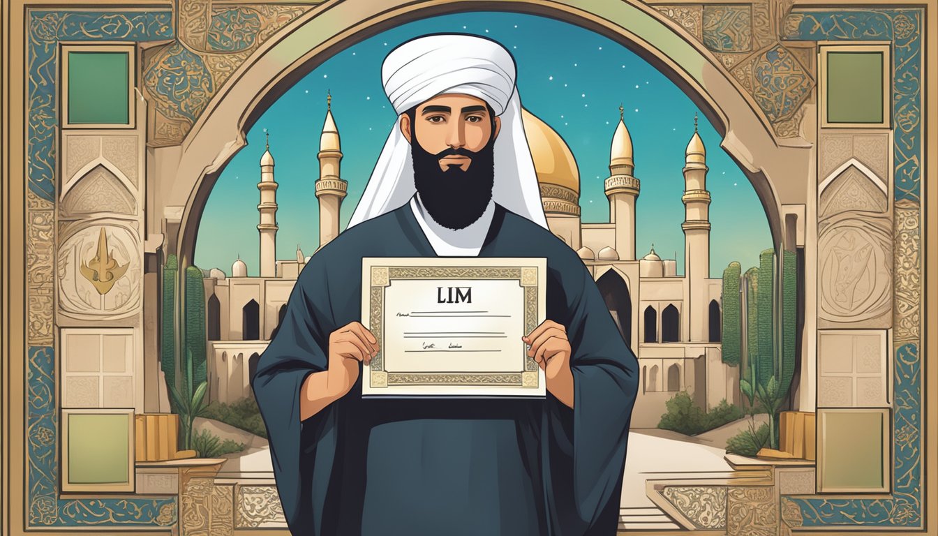 A person holding a certificate of conversion to Islam, with a new name written on it, surrounded by symbolic religious imagery