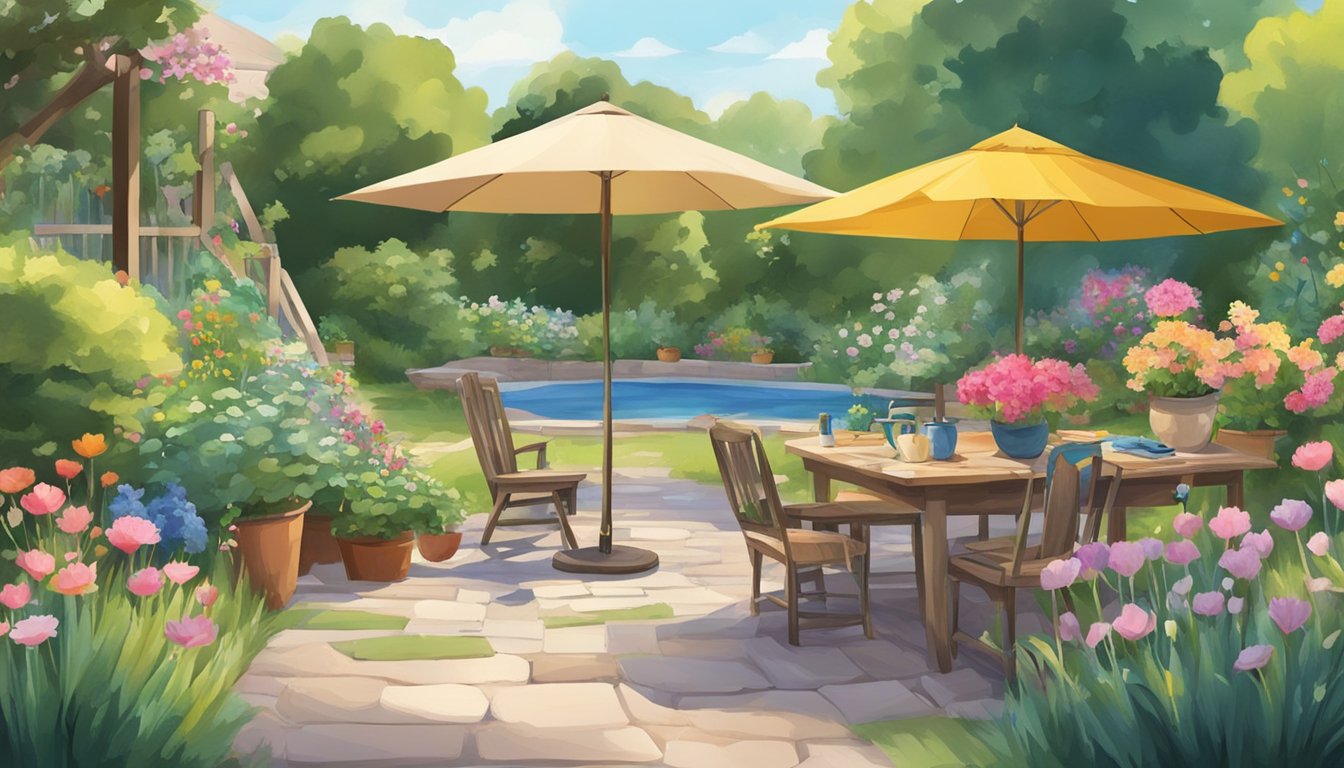 A peaceful garden with blooming flowers and a colorful palette of art supplies scattered around, capturing the essence of artistic contributions and final years