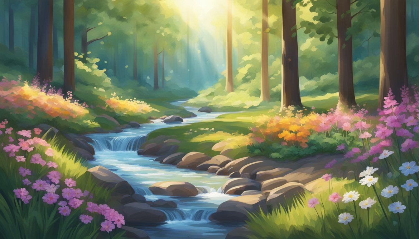 A peaceful forest clearing with a gentle stream, surrounded by tall trees and colorful flowers. The sunlight filters through the leaves, casting dappled shadows on the ground