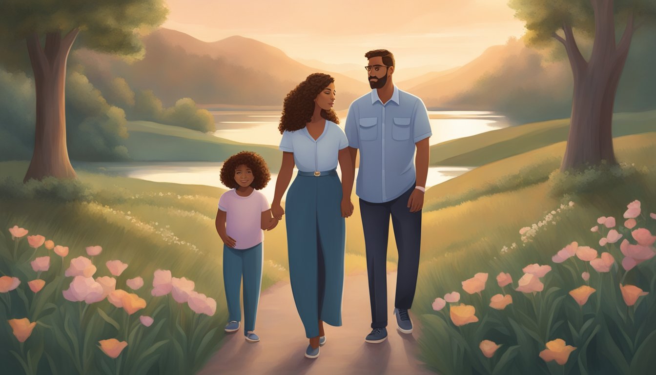 A somber family portrait with a subtle nod to Mariah Carey's influence, set against a backdrop of a peaceful, serene landscape