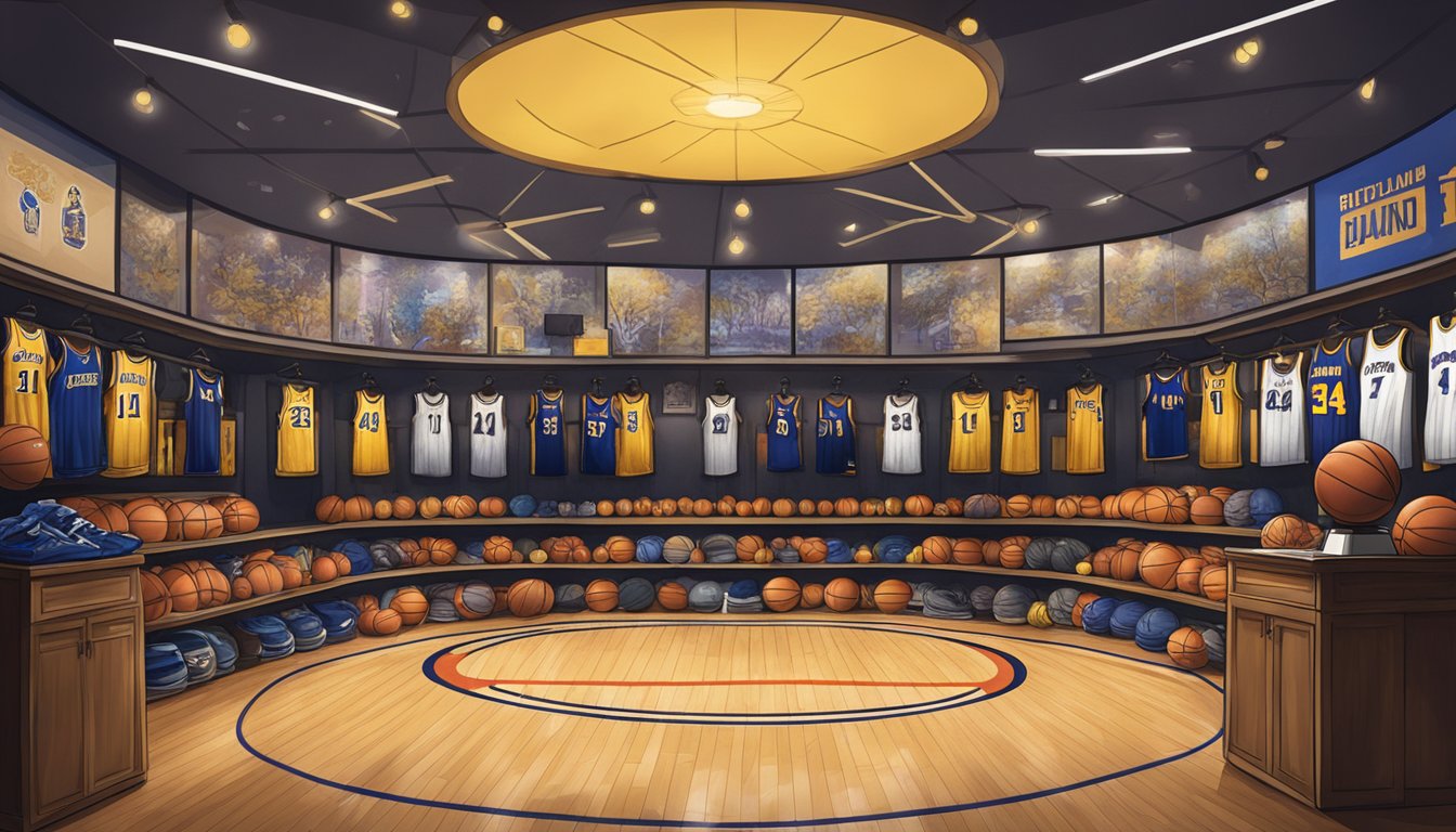 A basketball court with a spotlight on a jersey hung up in honor of Jerry West, surrounded by trophies and basketball memorabilia