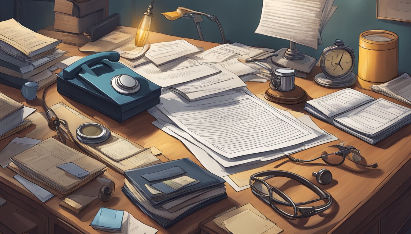 A cluttered desk with legal documents and medical records, a stethoscope, and a fainting couch in a dimly lit room