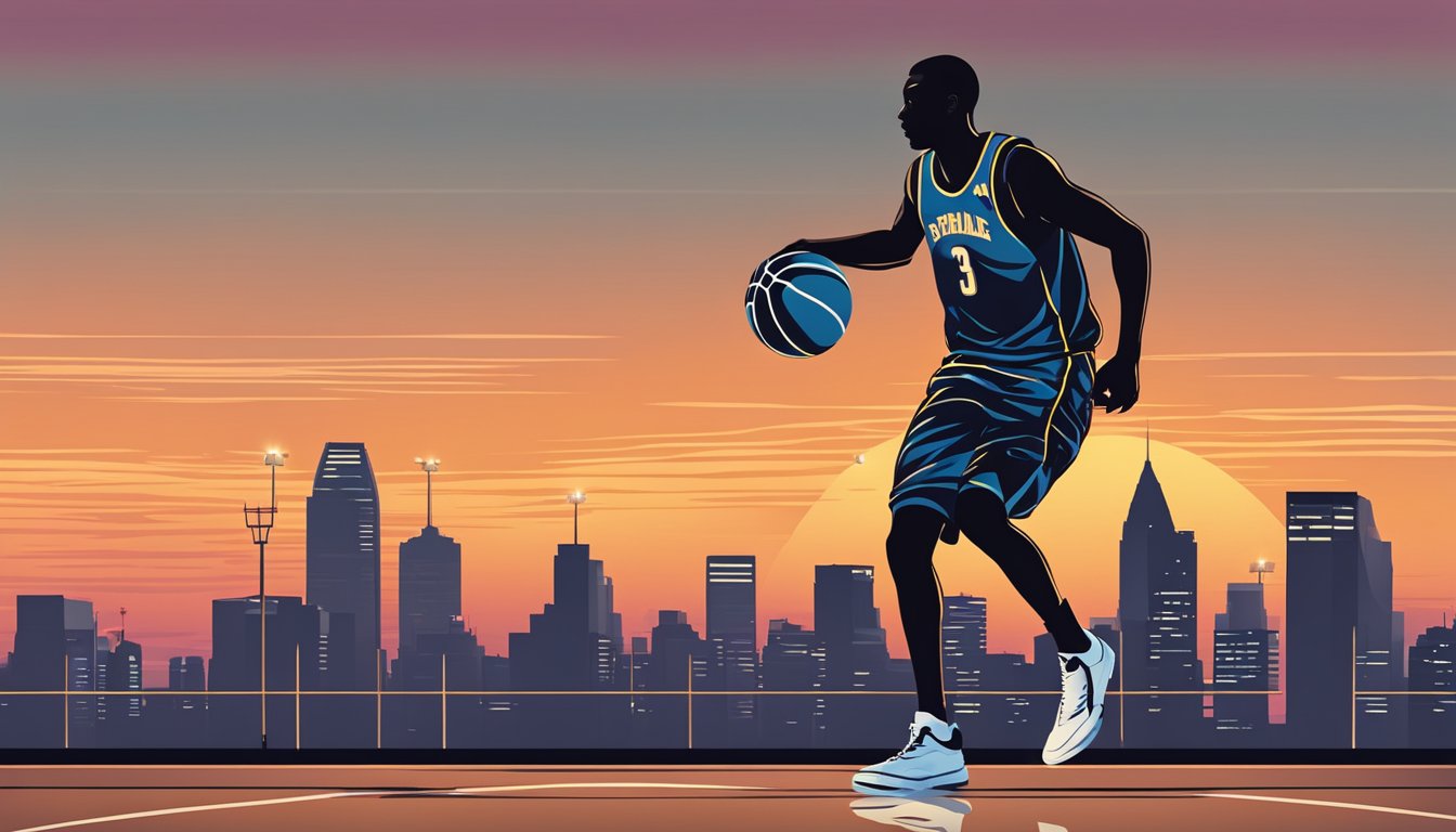 Basketball silhouette with iconic dribble pose, ball in hand, against a sunset skyline