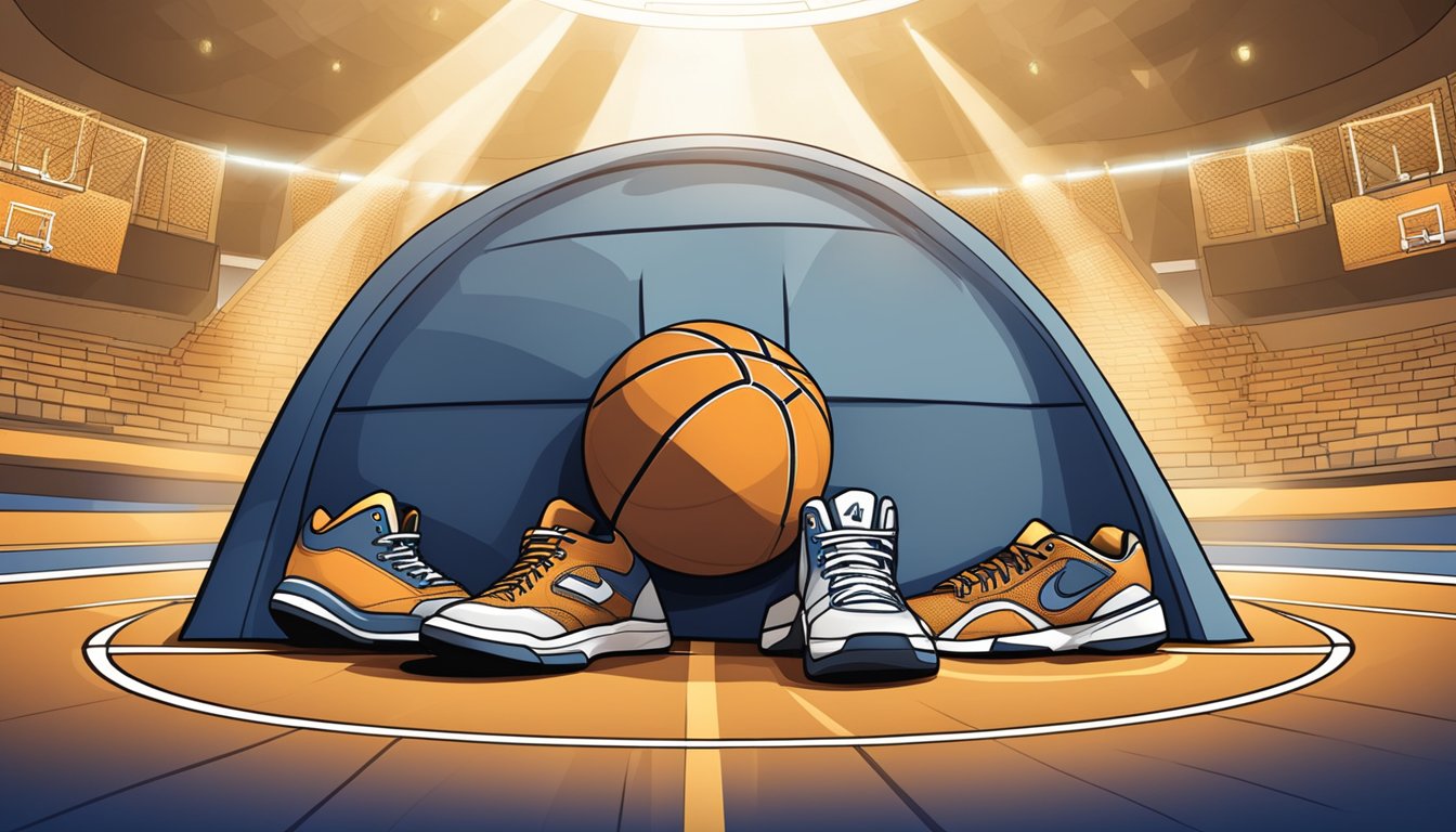 A basketball resting on a court, surrounded by trophies and jerseys, with a spotlight shining on it