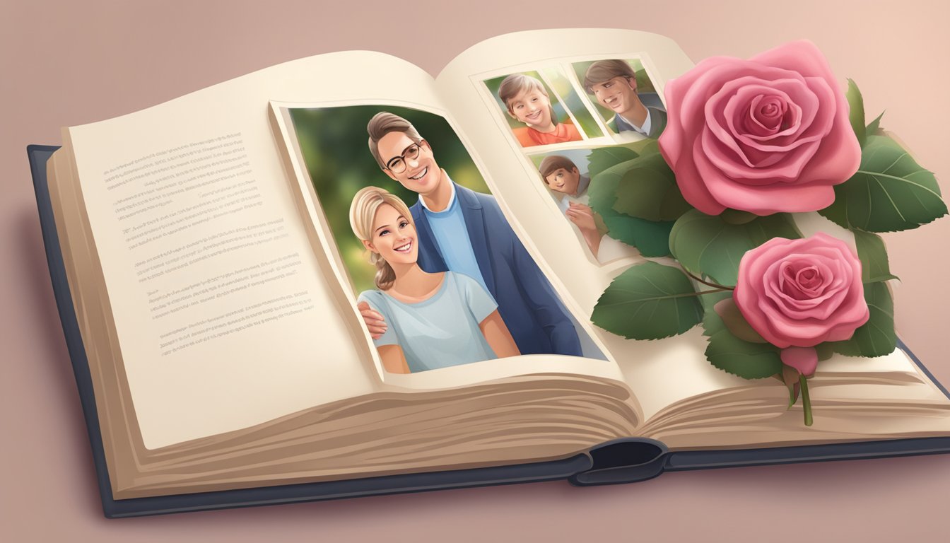 A candlelit family photo album with a single rose placed on the open page