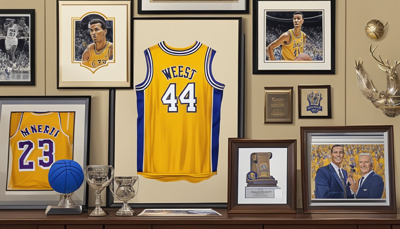 A basketball jersey hangs on a wall next to a framed photo of Jerry West, surrounded by memorabilia and trophies