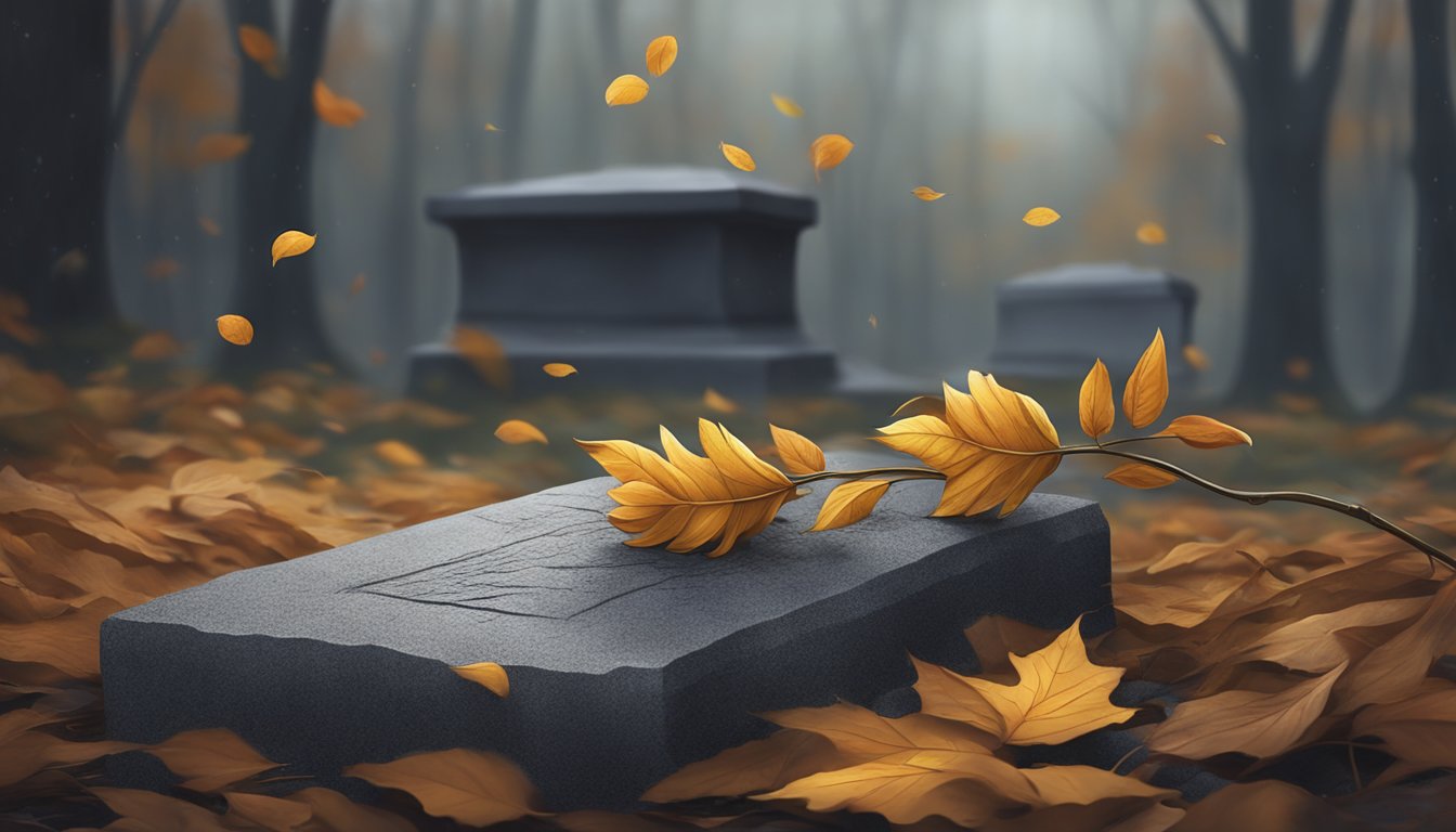 A wilted flower lying on a weathered gravestone, surrounded by fallen leaves and a somber atmosphere