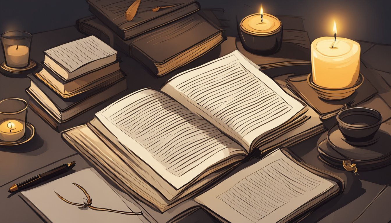 A desk scattered with open books, a quill pen, and a candle flickering in the dim light. A journal lies open, filled with handwritten reflections