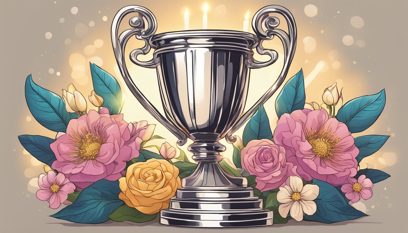 A trophy surrounded by flowers and candles, with a spotlight shining down on it