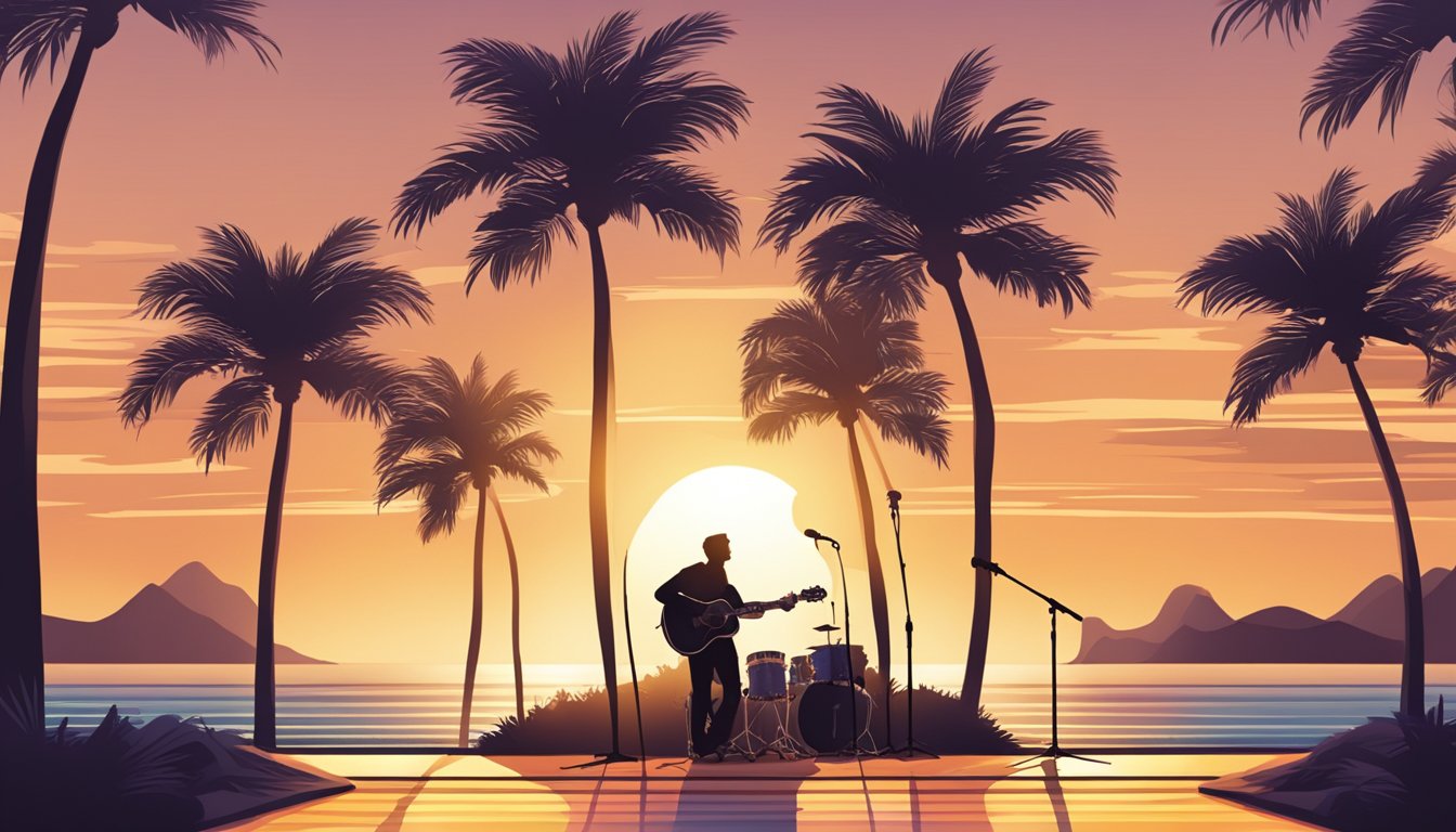 A beachside stage with a guitar and microphone, surrounded by palm trees and a setting sun