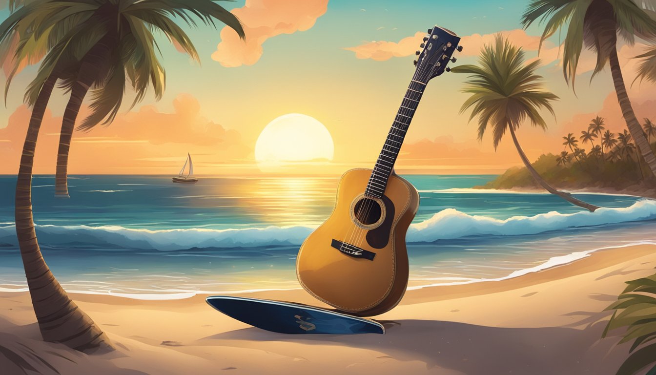 A tropical beach with a guitar, surfboard, and cocktail abandoned in the sand. Palm trees sway in the background as the sun sets over the ocean