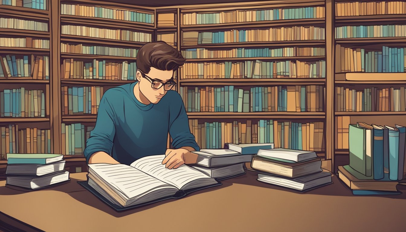 A young man studying in a college library, surrounded by books and notes, with a determined look on his face