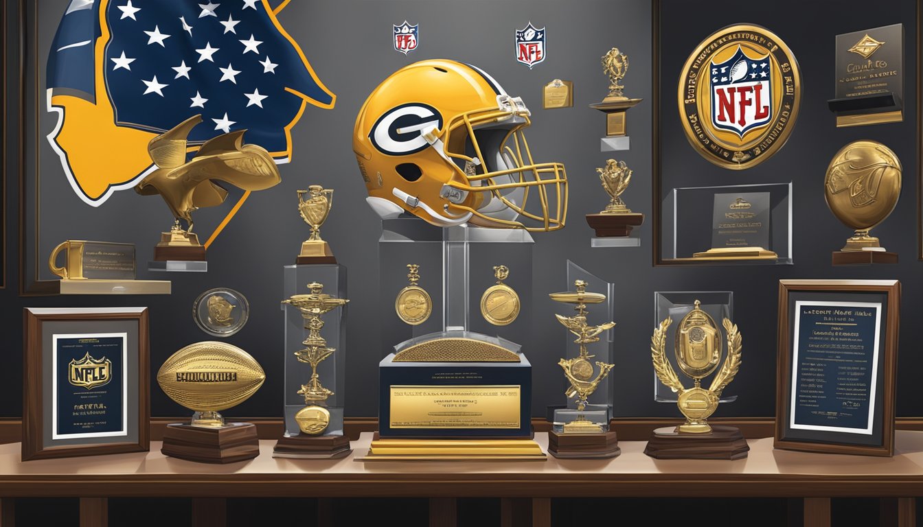 A collection of NFL memorabilia and awards surrounded by a somber atmosphere