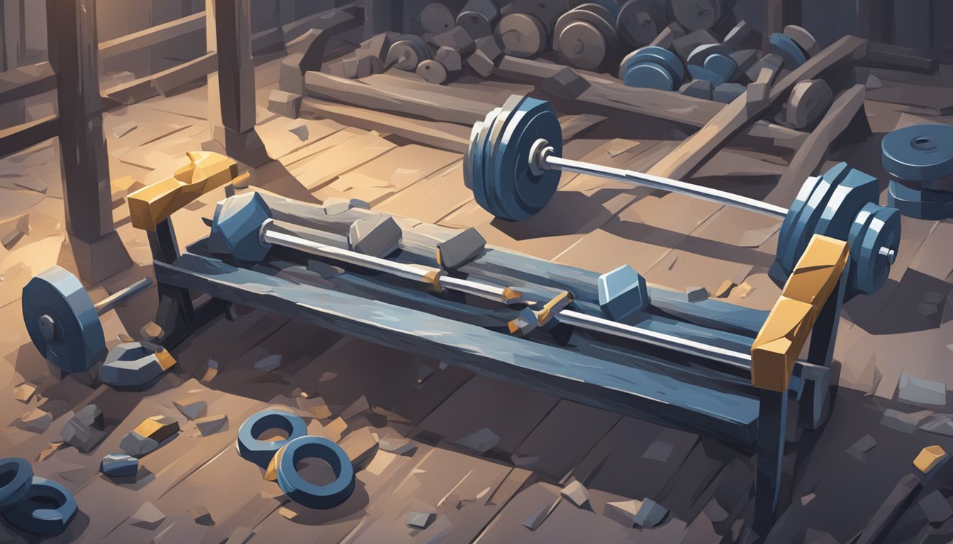 A shattered weightlifting bar lies beneath a collapsed bench, surrounded by broken dumbbells and twisted metal plates