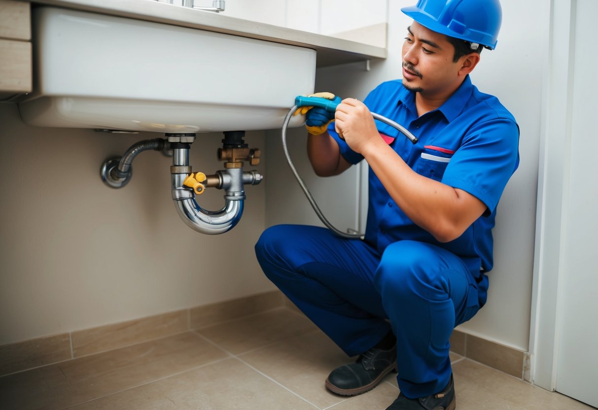 A plumber fixing a leak under a sink in a Taman Melawati home