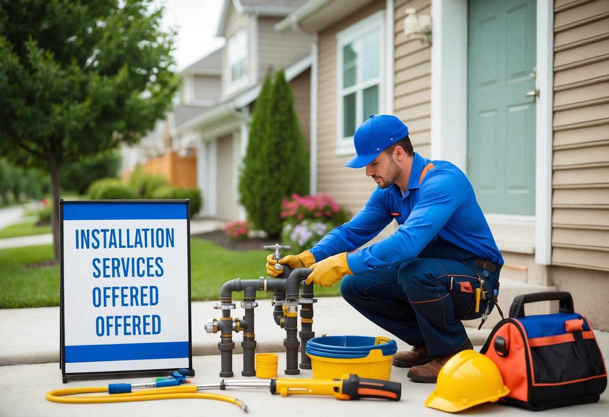 A plumber installing pipes in a residential area, surrounded by tools and equipment, with a sign advertising "Installation Services Offered"