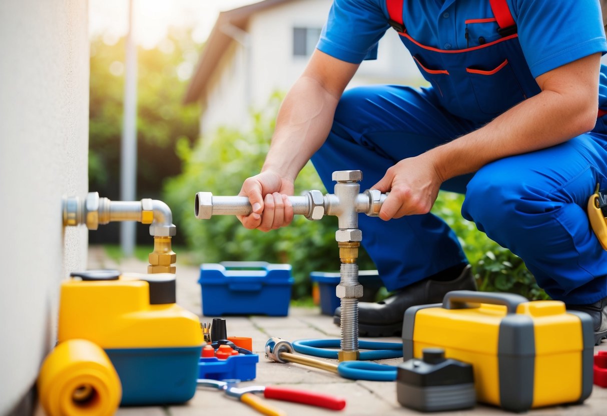 A plumber fixing a leaky pipe in a residential area surrounded by tools and equipment