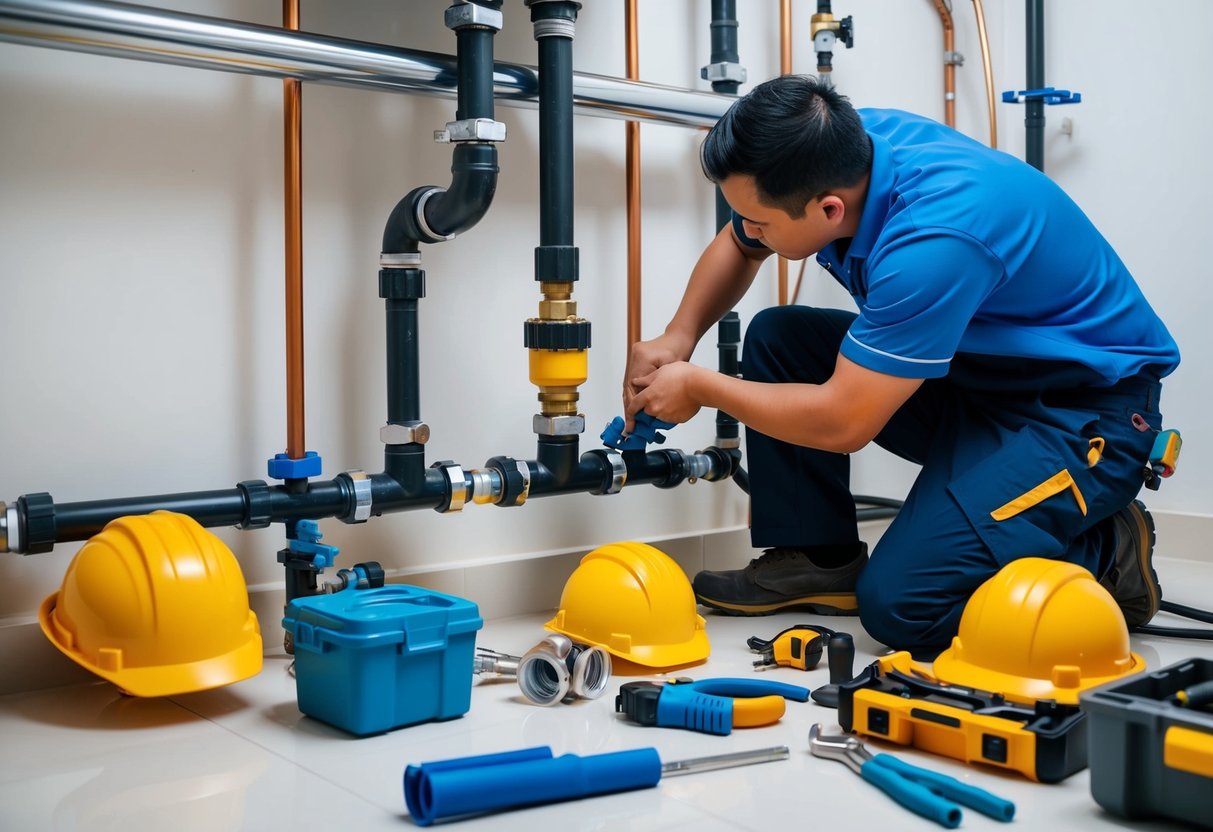 A plumber in Taman Melawati installs new pipes and fixtures, surrounded by tools and equipment, with a focus on the renovation and upgrade of the plumbing system