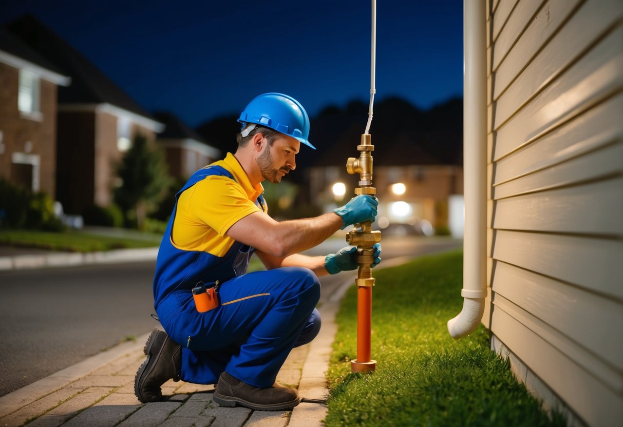 A plumber fixing a burst pipe in a residential area at night