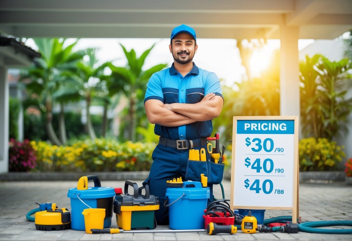 A plumber in Taman Melawati, surrounded by various tools and equipment, standing next to a pricing and affordability sign