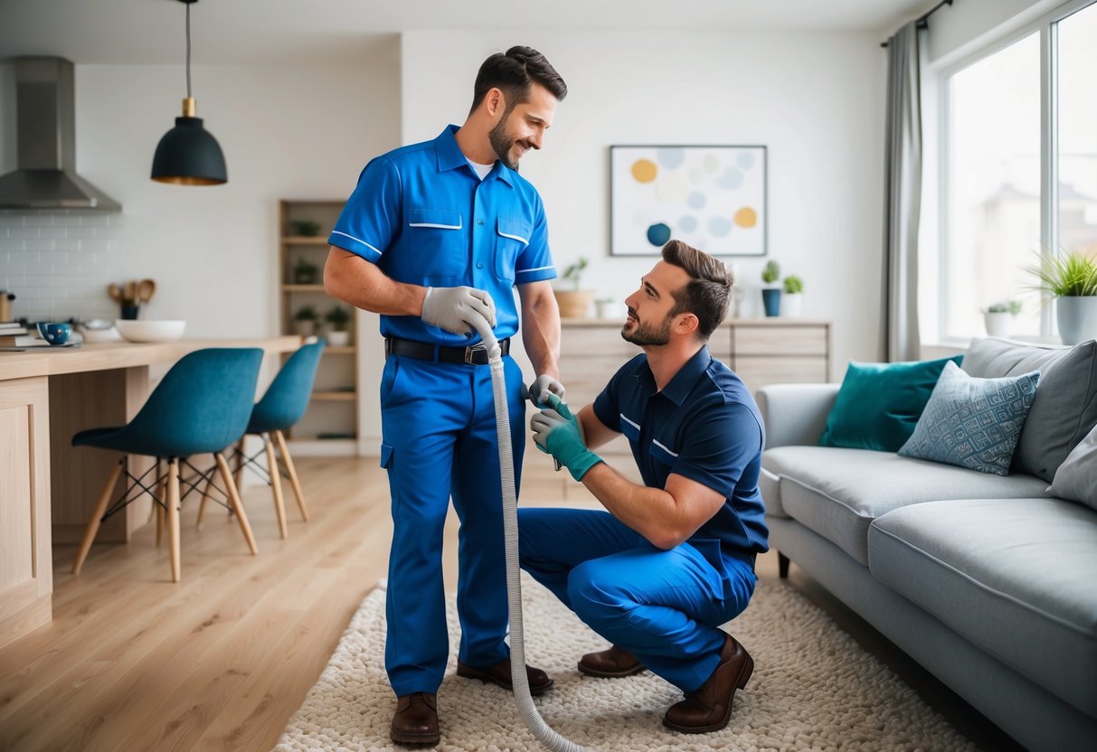 A plumber in uniform assists a customer in a cozy living room with a leaky pipe