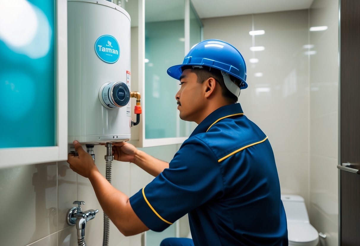 A plumber in Taman Melawati installs a water heater in a modern bathroom