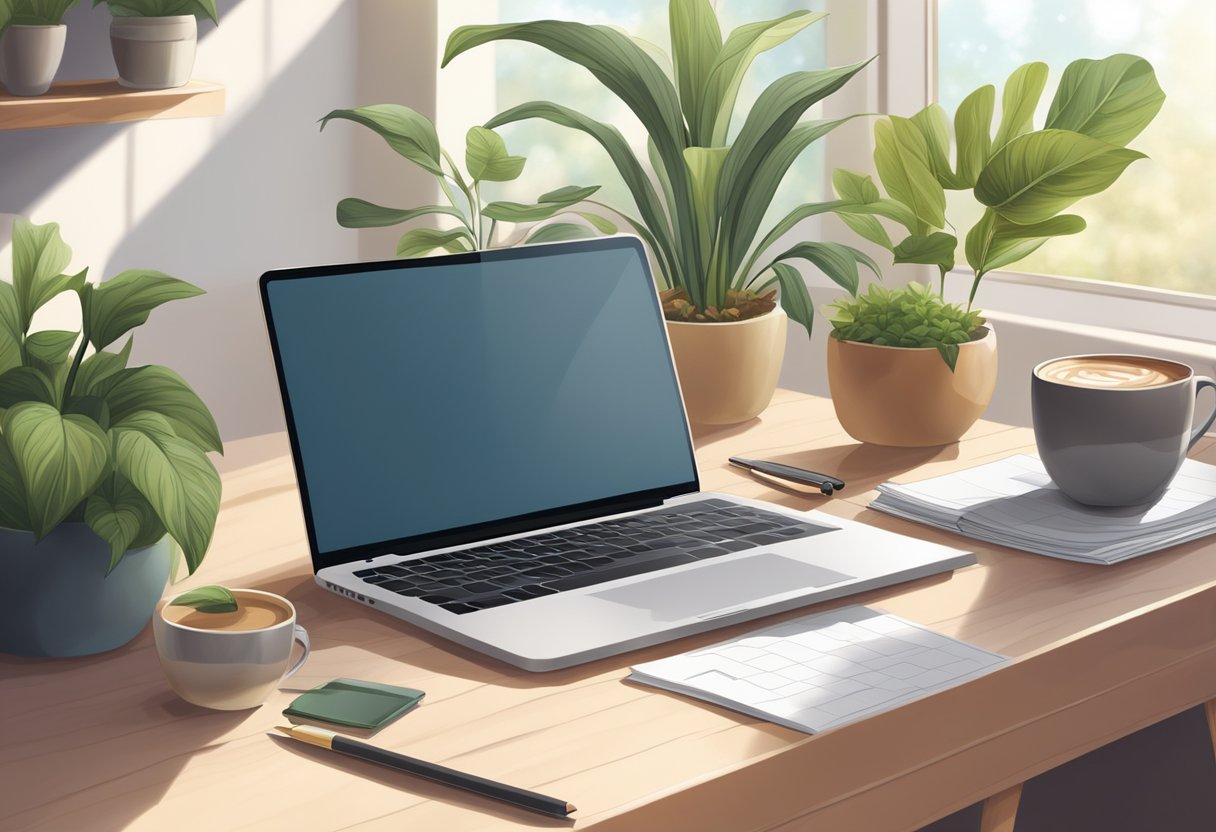 A laptop on a cozy living room table with a cup of coffee and a calendar, surrounded by plants and natural light