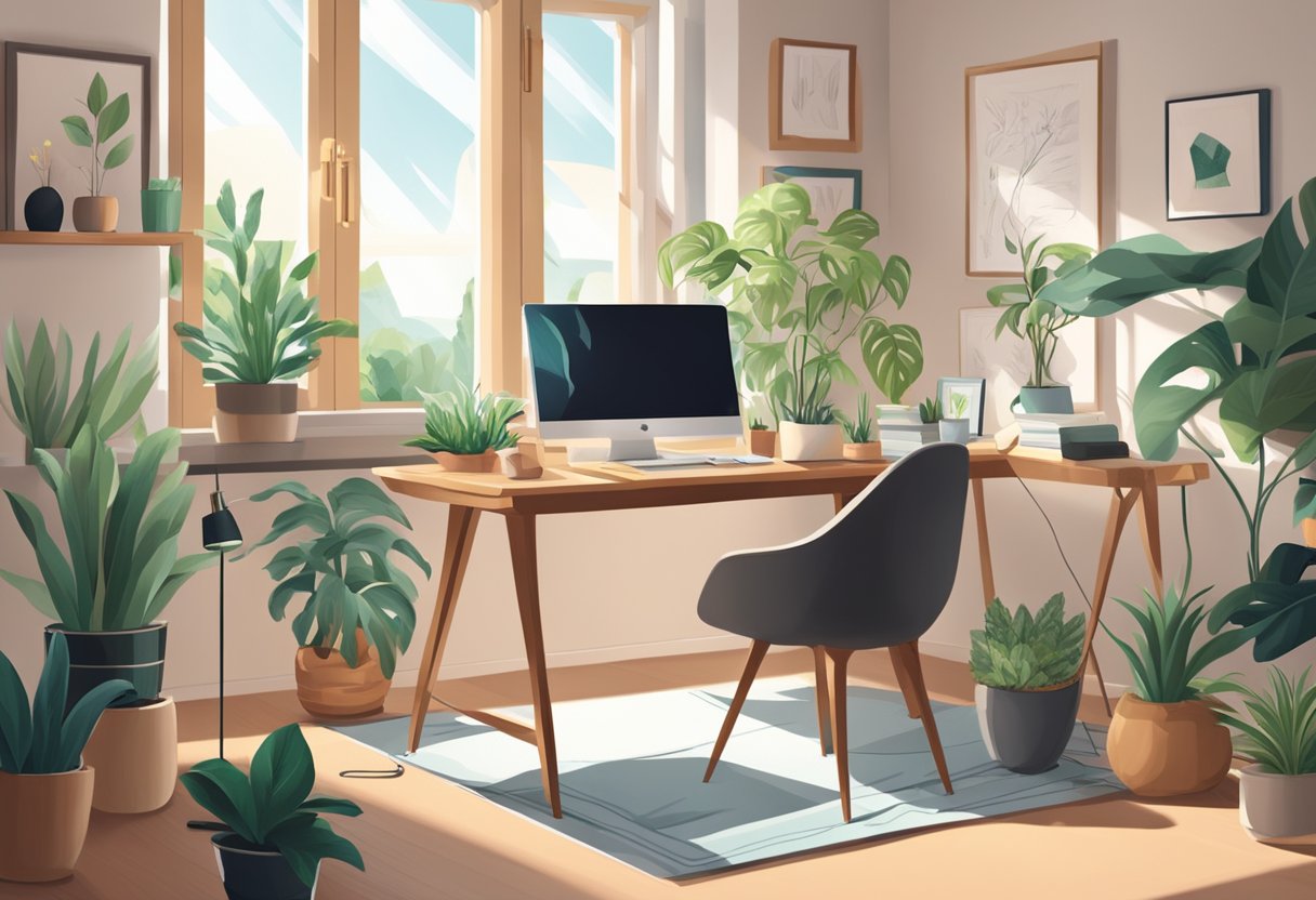 A cozy home office with a laptop, desk, and comfortable chair surrounded by plants and natural light