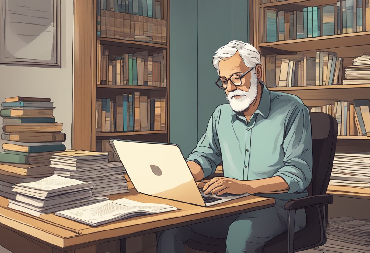 A senior sits at a desk with a computer, surrounded by books and notes. The room is filled with natural light, creating a peaceful and focused atmosphere