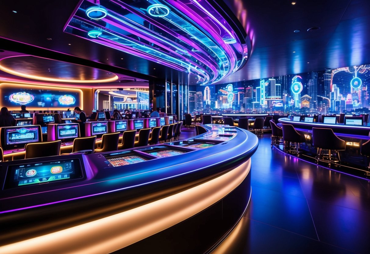 A futuristic, sleek and vibrant casino with holographic displays and advanced technology, set against a backdrop of neon lights and a bustling digital cityscape