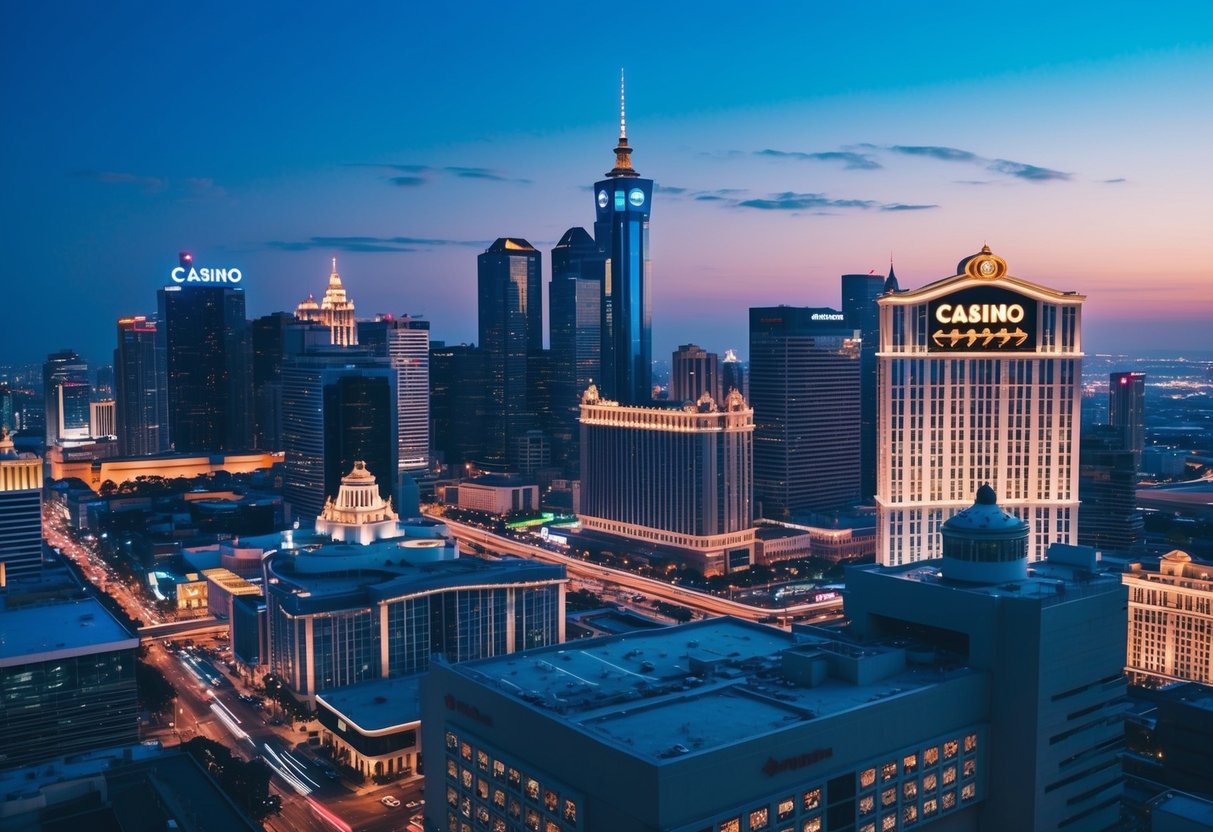 A bustling city skyline with bright lights and a digital casino sign glowing in the distance