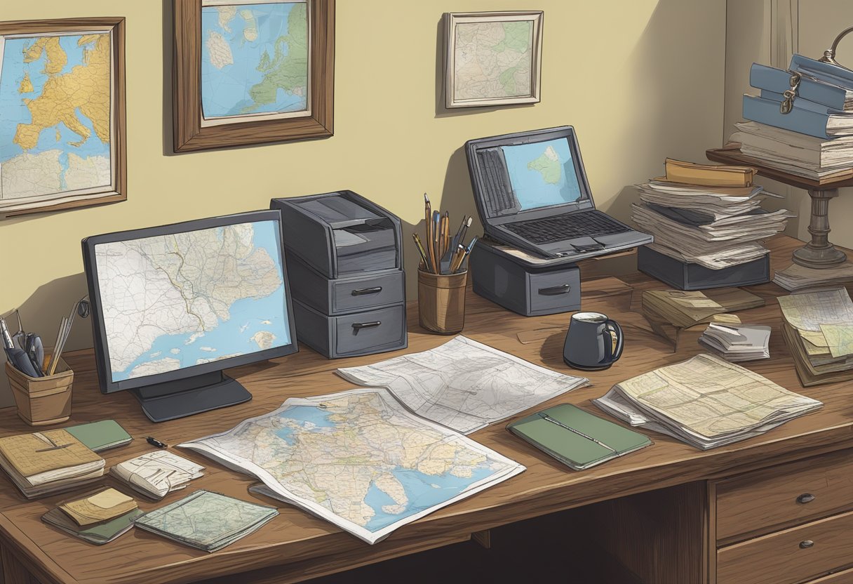 A detective's desk cluttered with files, a computer, and a magnifying glass, with a map of the UK pinned to the wall