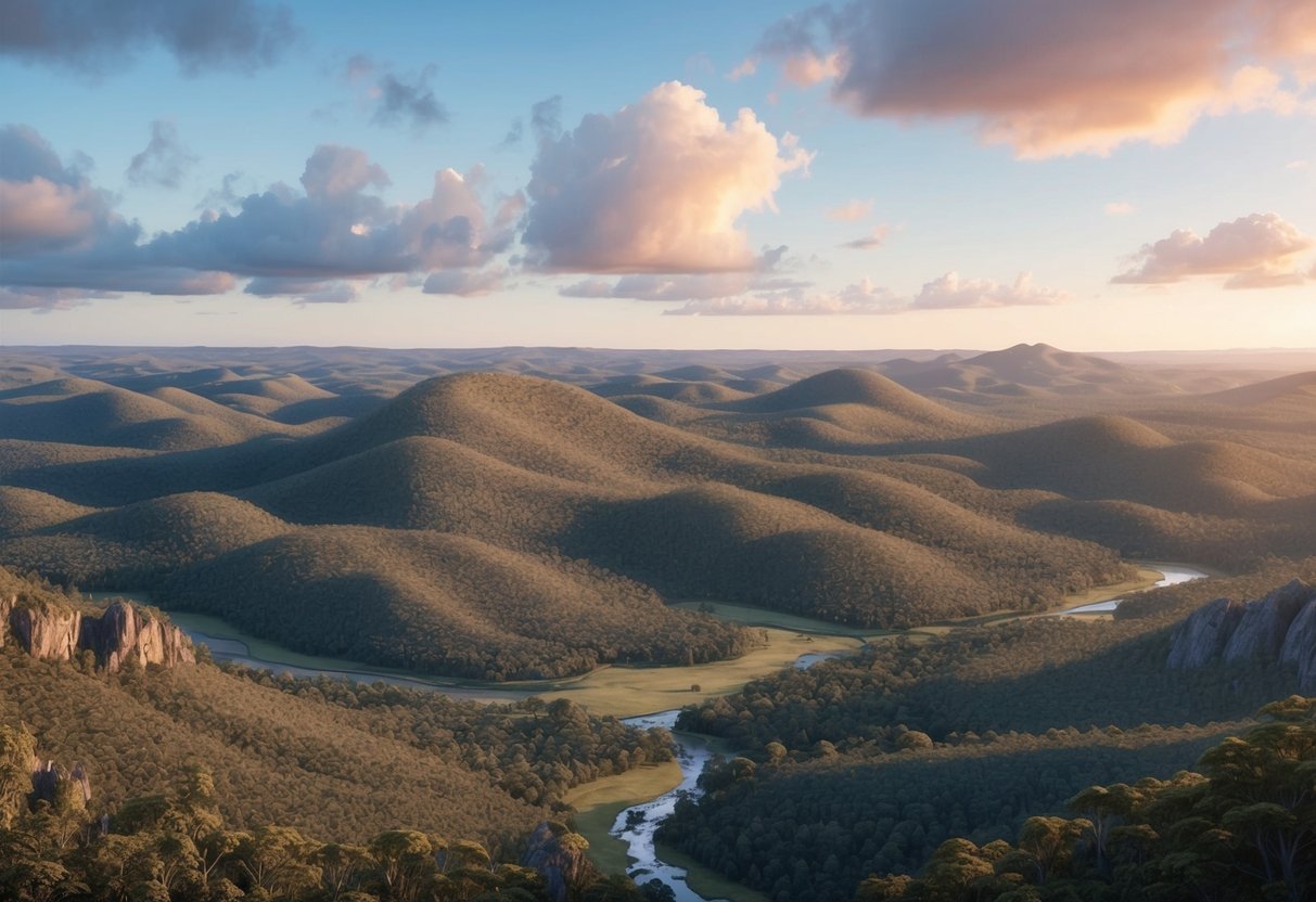 A vast expanse of rugged terrain in Queensland, with rolling hills and dense vegetation, dotted with streams and rocky outcrops. (Link: https://www.qld.gov.au/recreation/activities/areas-facilities/gold-detecting)