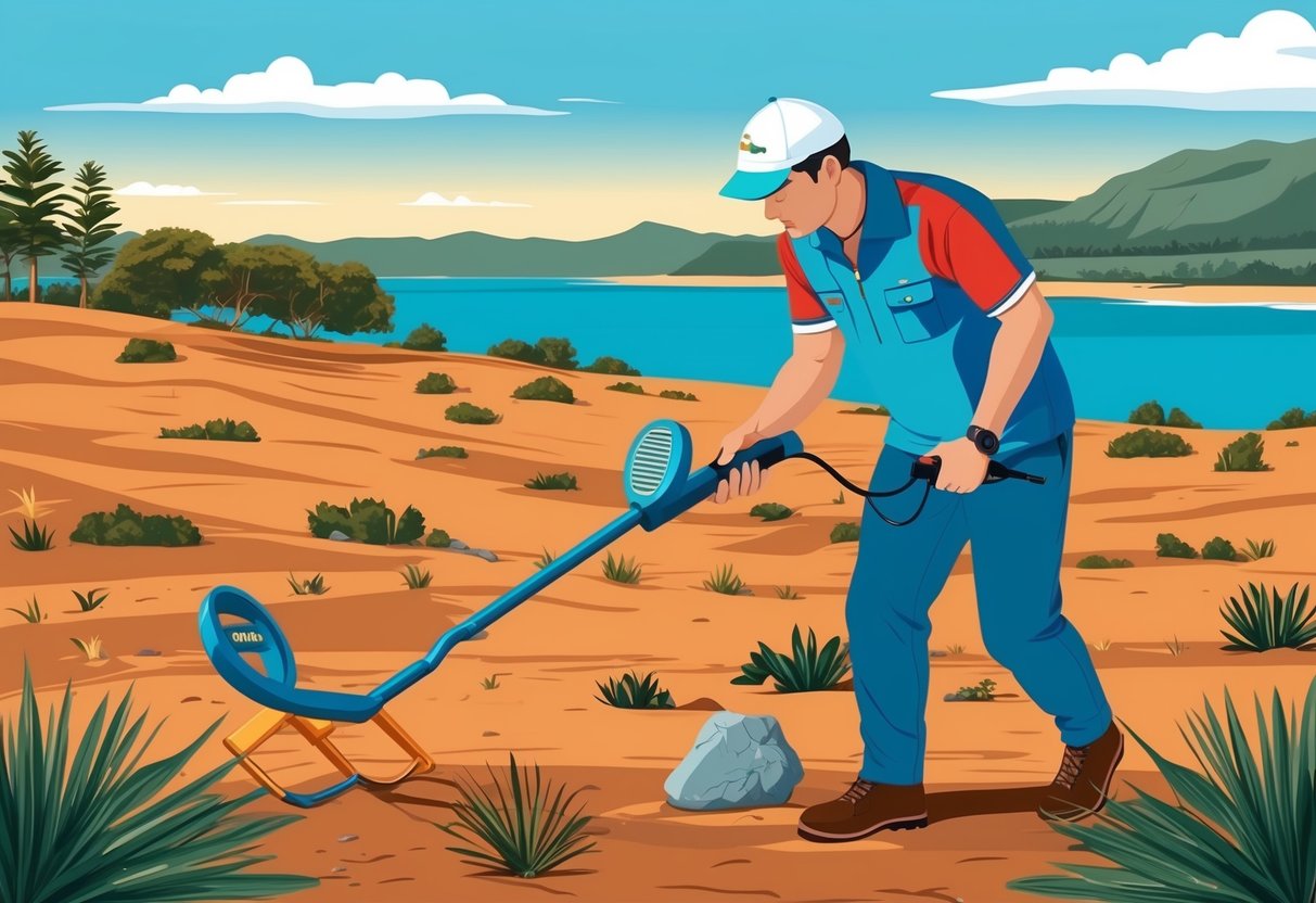 A person using a metal detector in a scenic Queensland landscape