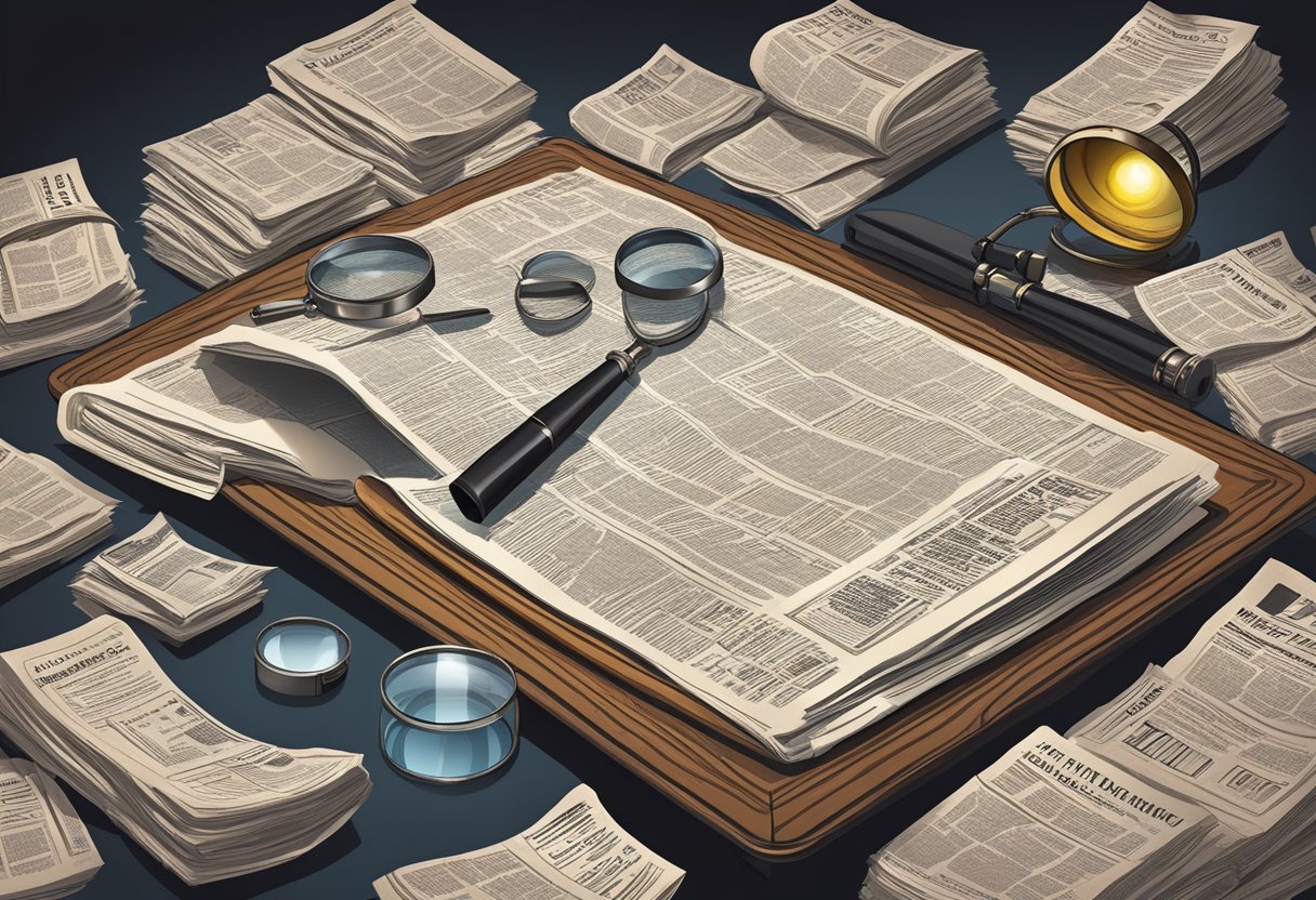 A table covered in coded messages, newspapers, and a magnifying glass. A spotlight shines on the messages, creating a sense of mystery and intrigue